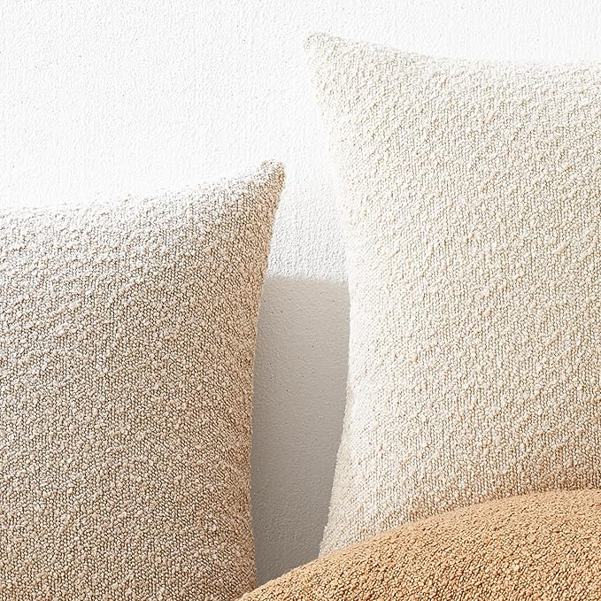 Mixhug Decorative Boucle Throw Pillow Covers, Beige, 18 x 18 Inches, Pack of 2 - Neutral Textured Boho Pillow Covers for Couch and Bed