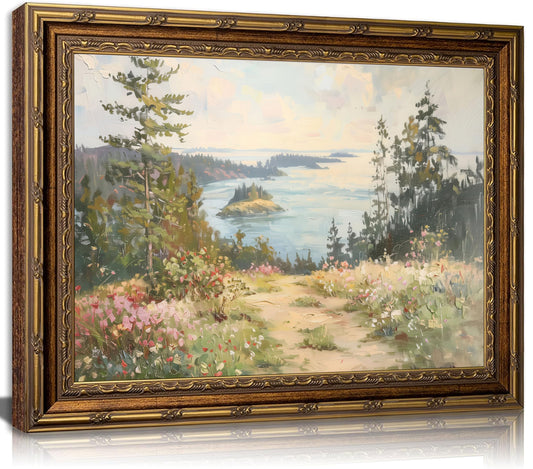 Vintage Gold Framed Wall Art, Springtime Seaside Floral Canvas Prints, Retro Landscape, 9x11 inch, Bedroom Living Room Cottage Decor