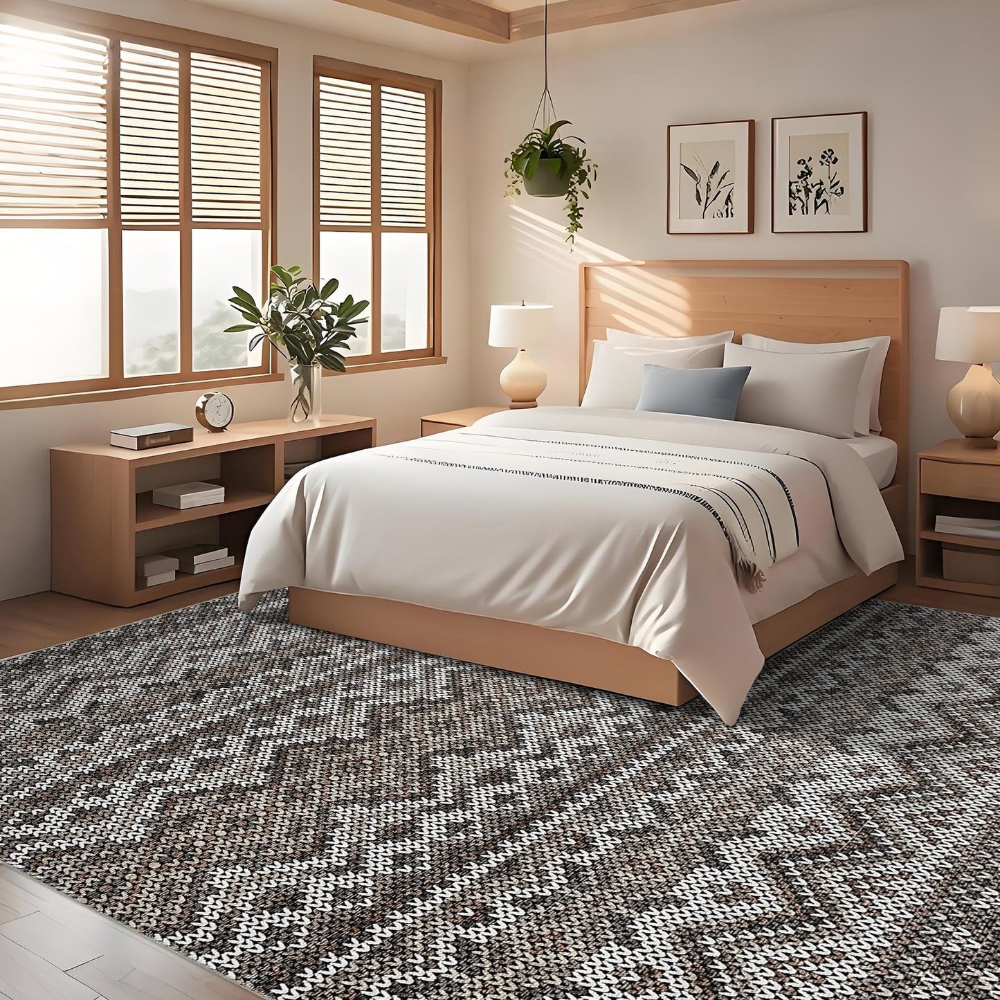 Garvee 5x7 Boho Area Rug Living Room, Geometric Throw Rugs with Rubber Backing Washable, Non Shedding Stain Resistant Floor Cover Foldable Low Pile Soft Mats for Bedroom, Dining Room, Nursery, Brown