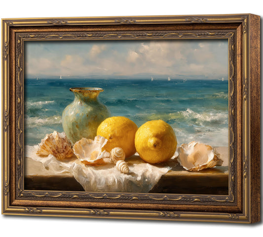 Vintage Gold Framed Coastal Still Life Wall Art,Lemons Shells Ocean View Painting,Classic Antique Beach Print Artwork,Coastal Kitchen Canvas Wall Decor for Living Room,Bedroom Home Decoration 9x11 In