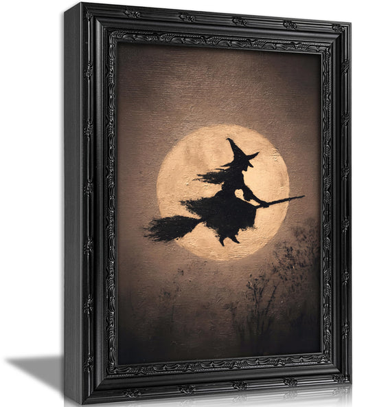 Framed Vintage Witch Silhouette Canvas Wall Art, Witch Riding Broom Against Full Moon Moody Painting Print, Ornate Black Frame Gothic Dark Academia Decor for Halloween Bedroom Gift
