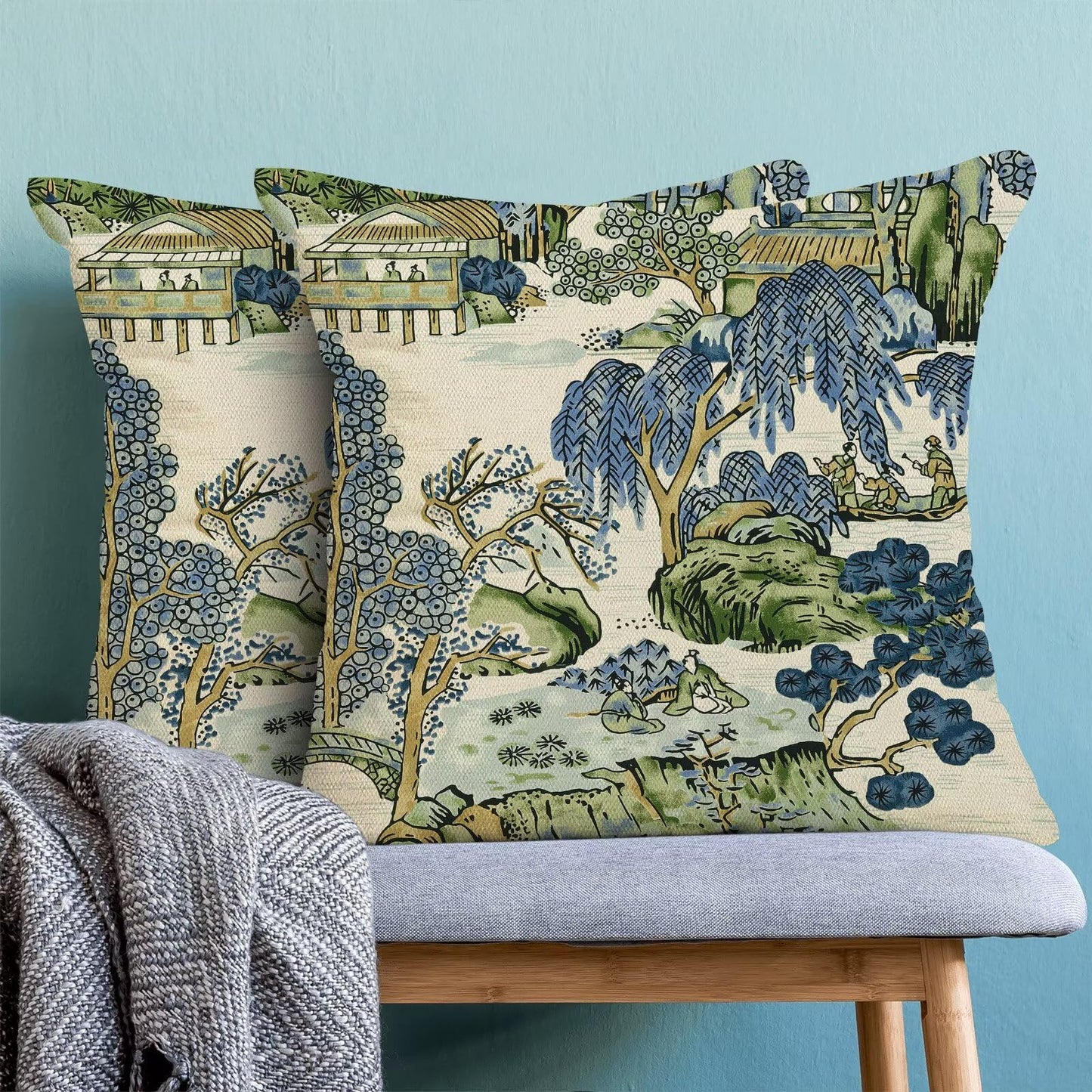 Sage Green Blue Chinoiserie Pillow Covers 18x18 Set of 2 Chinoiserie Tree Leaves Decorative Throw Pillow Modern Outdoor Linen Square Farmhouse Asian Scenic Cushion Cover for Home Couch Sofa