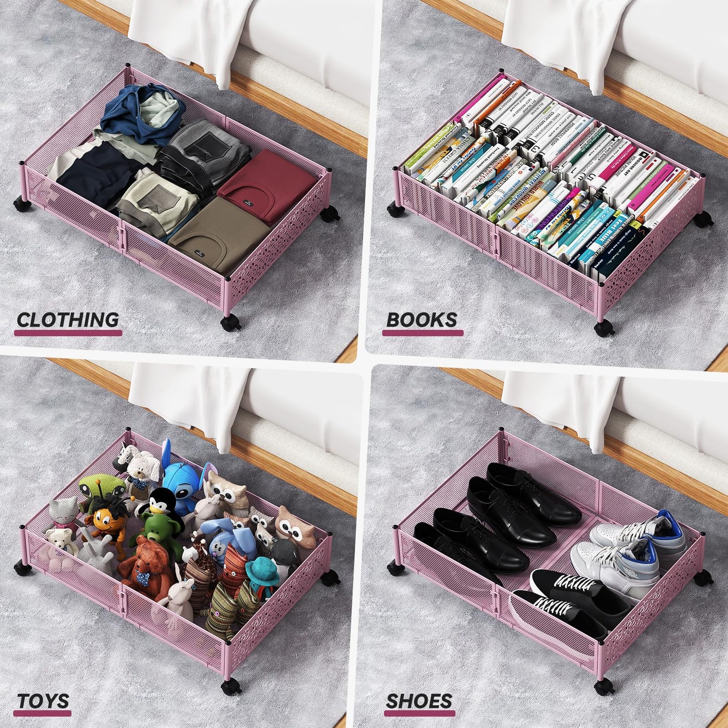 PHINOX Under the Bed Storage Containers with Wheels, Under Bed Storage, Under Bed Shoe Storage Organizer Drawer, Tool-free Assembly Metal Underbed Storage Containers -Pink