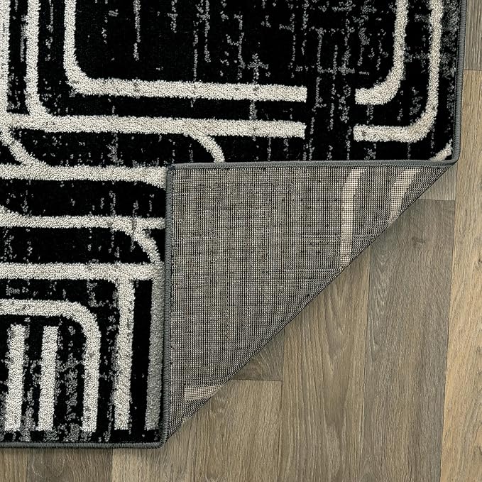Rugshop Black and White Geometric Area Rug – Abstract Curved Line and Square Pattern Carpet for Living Room, Bedroom, or Office – Contemporary Soft Floor Décor 2' x 3' Black