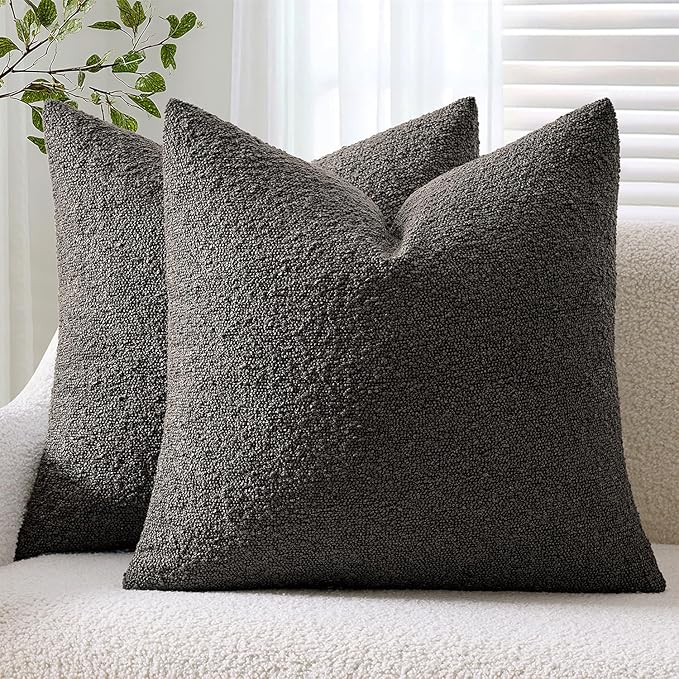 ANRODUO Pack of 2 Textured Boucle Throw Pillow Covers Soft Grey Euro Decorative Accent Solid Pillow Cases Cozy Modern Couch Cushion Case for Chair Sofa Bedroom Living Room Home Decor, 24 x 24 Inch