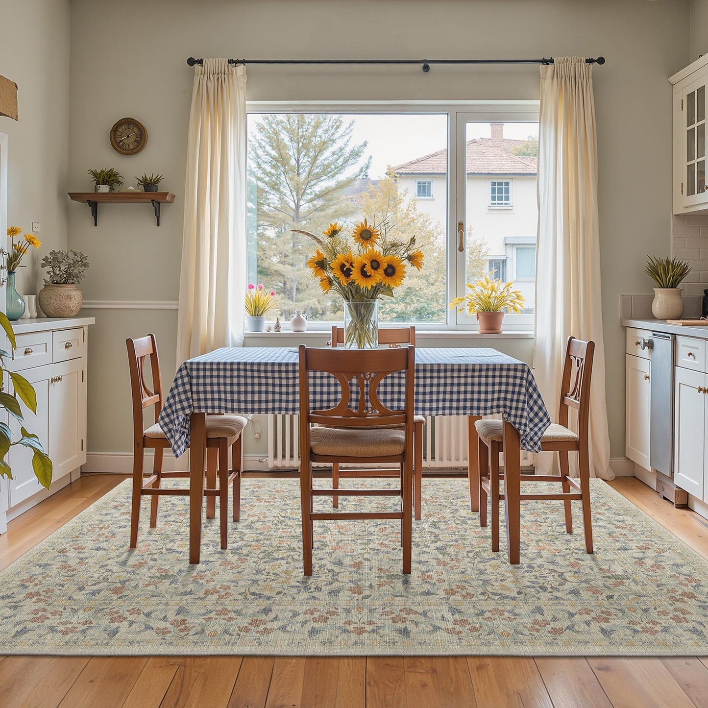 GENIMO 5x7 Washable Area Rug, Non-Slip Vintage Boho Floral Carpet, Soft Low-Pile Thin Bedroom Rug for Living Room, Dining Room, Nursery, Beige Blue