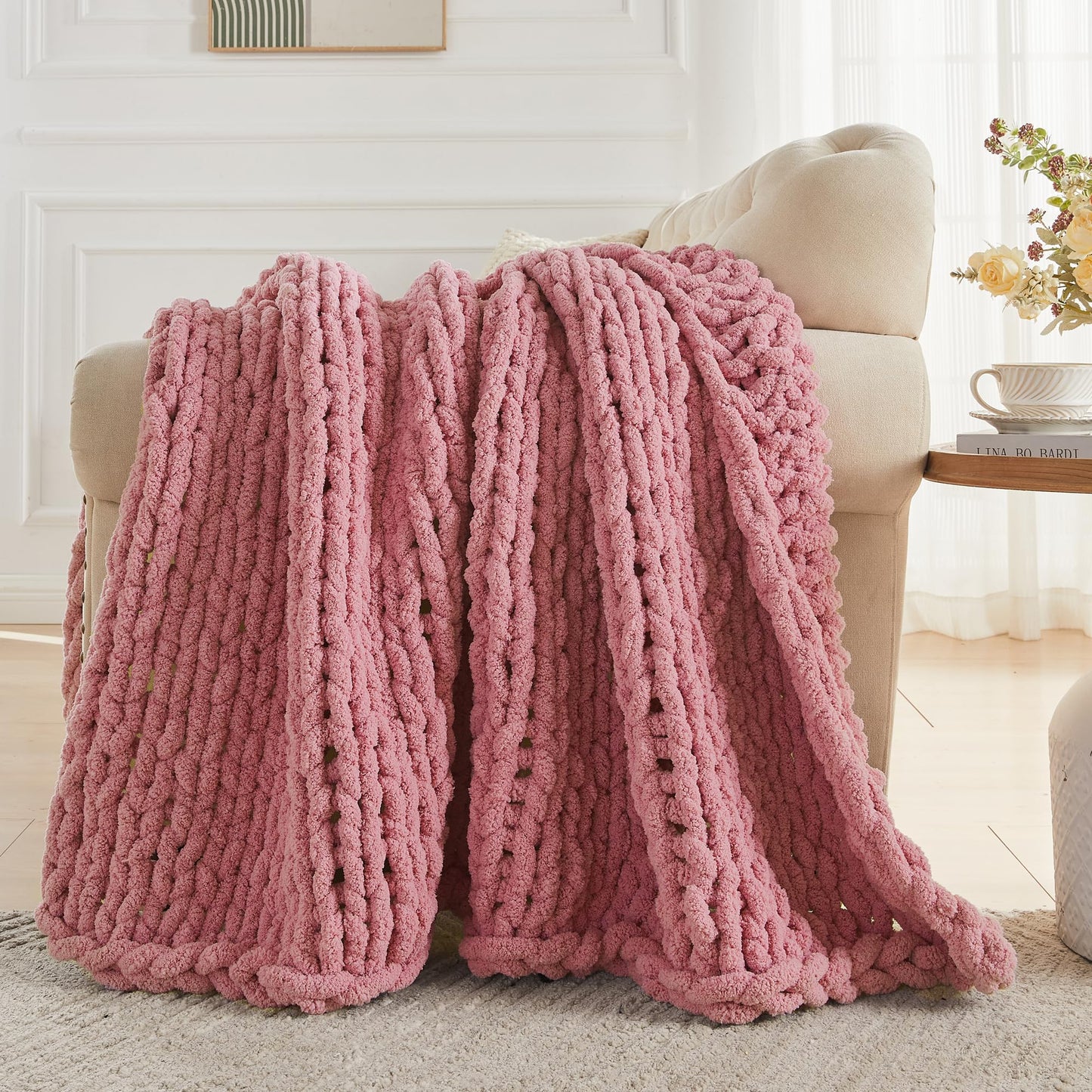 Carriediosa Chunky Knit Throw Blanket 50" X 60", 100% Hand Made Large Chenille Loop Yarn Soft Fluffy Throws for Couch Sofa Bed, Big Crochet Cozy Heavy Thick Cable Woven Blanket, Mauve