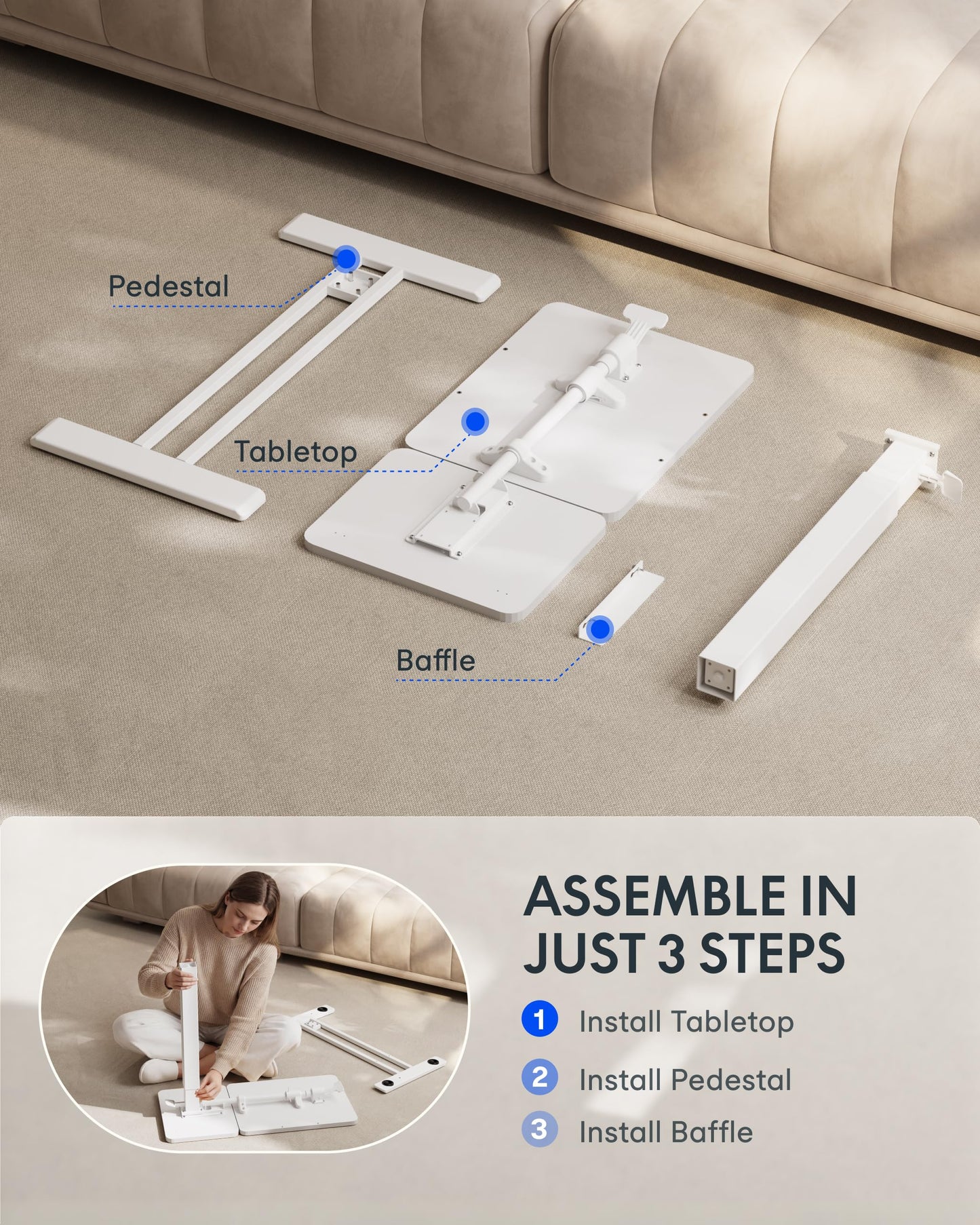 FLEXISPOT Adjustable Height C-Shaped End Table with Split Tilting Top – Mobile Side Table for Sofa & Bedside, Slides Under Furniture, Hidden Wheels for Small Spaces(31.6" W x 15.7" D,White)