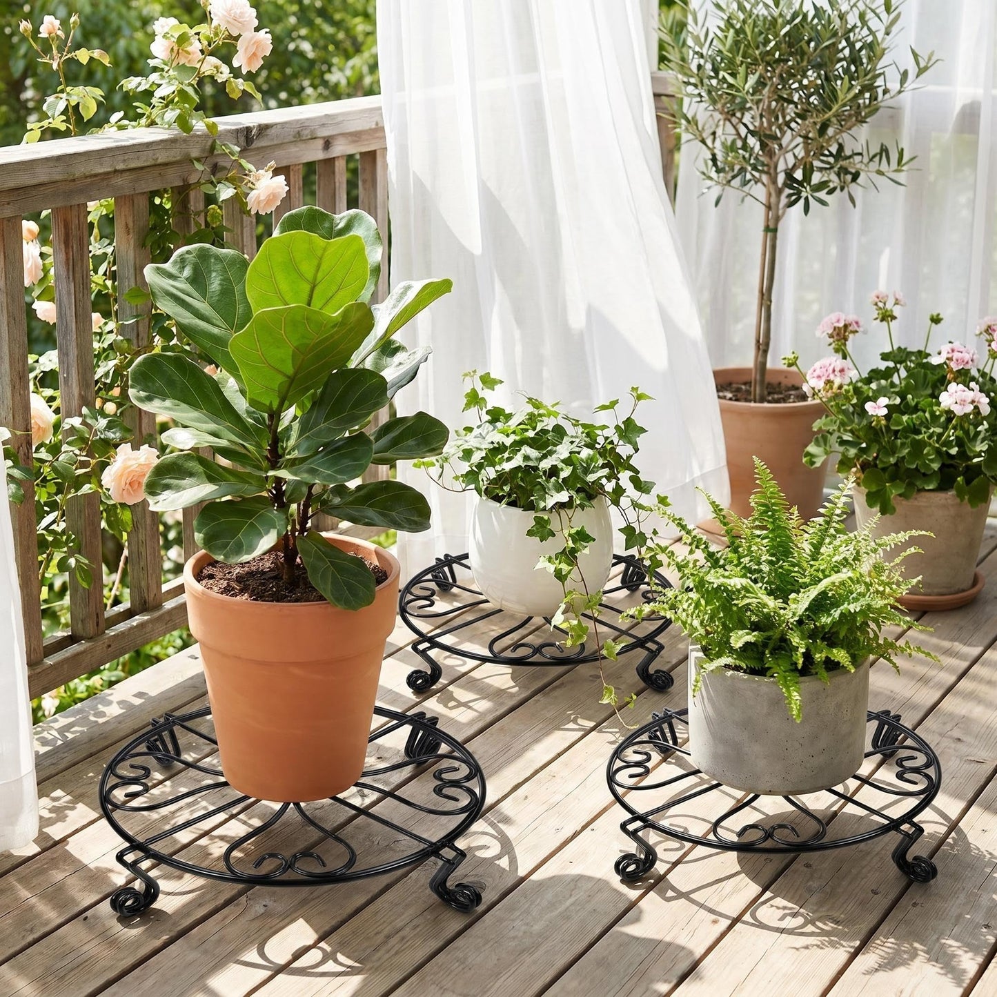 NSYOOMH 2 pack 8" Rustproof Black Metal Plant Stands Heavy Duty Plants Holder Outdoor Indoor, Round Wrought Iron Sturdy Flower Planter Pot Stand, Corner Gardening Inside Potted Plant Riser - 8Inches