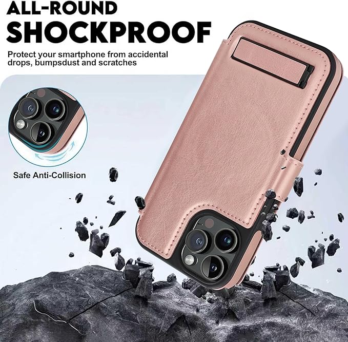 CIVICASE for iPhone 14 Pro Wallet Case with Stand,PU Leather Flip Credit Card Holder Slots (RFID Blocking),Compatible with Magsafe Magnetic Holder Phone Cover Women Men,Rose Gold