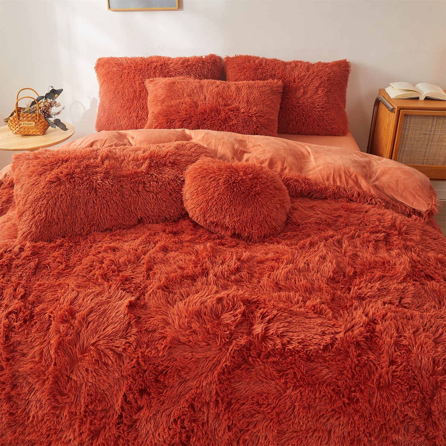 FOPPA Furry Pillow Cases Burnt Orange 26"x20", Faux Fur Shaggy Plush Fuzzy Fluffy Decorative Pillow Covers Set of 2, Standard Velvet Cushion Cover with Zipper for Bedroom Interior