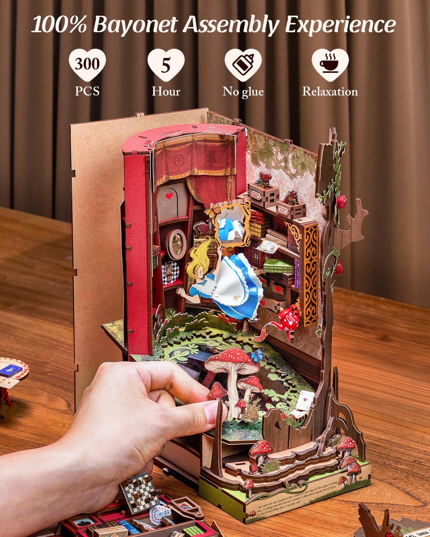 ROBOTIME Book Nook Kit, Fairy Tale Princess DIY Miniature House Kit, Fall into Wonder 3D Wooden Puzzle Bookends, Tiny House Bookshelf Decor Creative Decorative Unique Gifts for Adults & Teens