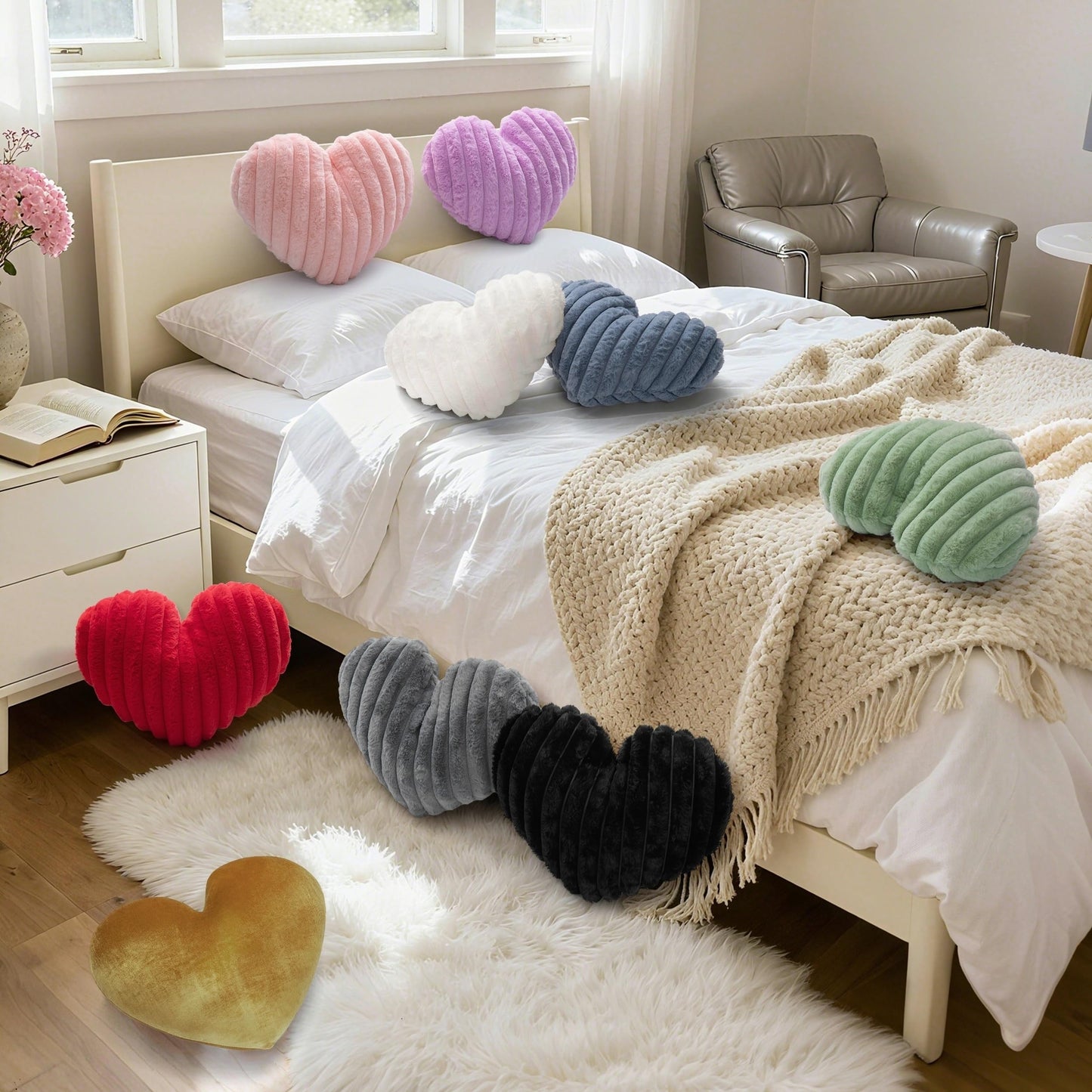 Nmkopzy 16 Inch White Heart Pillow Cute Decorative Throw Pillows, Heart Shaped Soft Fluffy Faux Fur Pillows Cushions for Couch Chair Bed Bedroom Room Home Decor Aesthetic (1, White, Medium-16 x13)