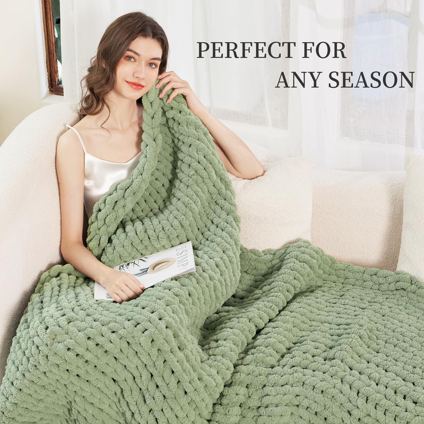 Admitrack Chunky Knit Blanket Throw, 100% Hand Knit Chenille Throw Blanket for Sofa & Home Decor, Soft and Cozy Knitted Throw Blankets (Sage Green，51"x63")