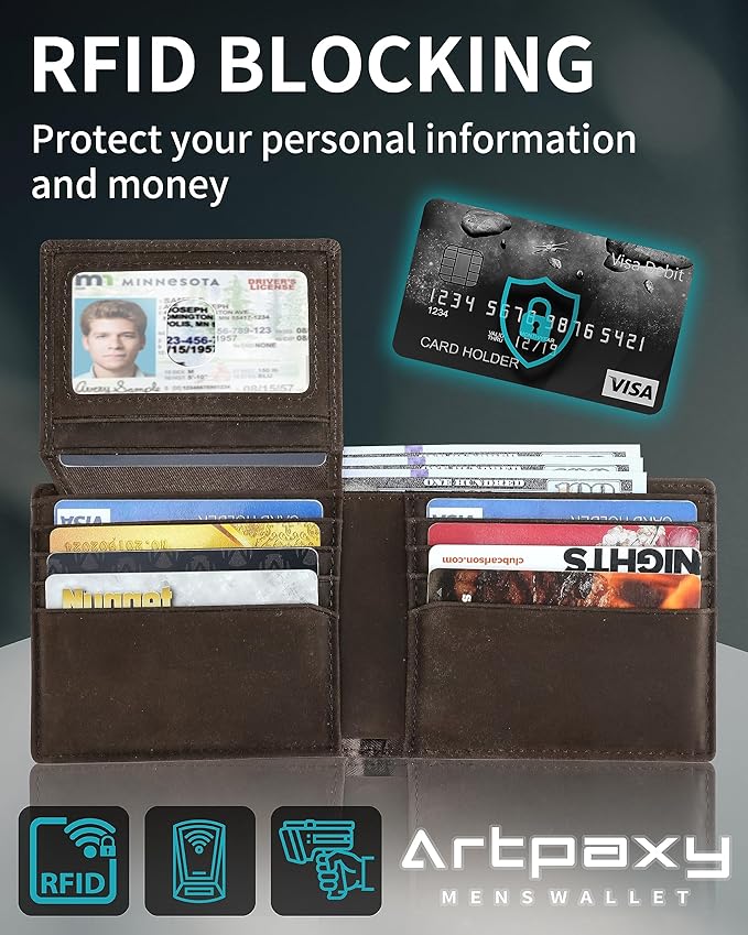 Artpaxy Mens Wallet Genuine Leather Bifold RFID Blocking Wallet for Men with 2 ID Windows 12 Card Holders 2 cash pockets 1 Gift Box