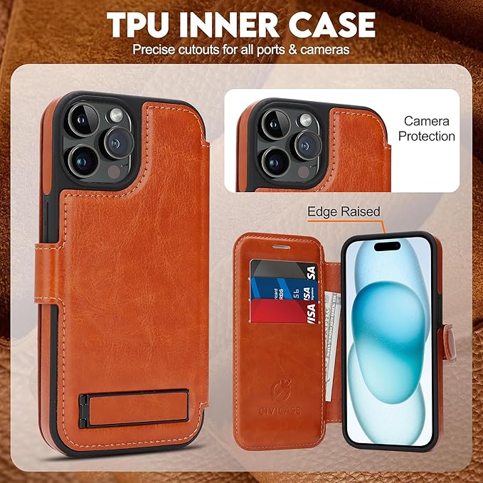 CIVICASE for iPhone 14 Pro Max Wallet Case with Stand,PU Leather Flip Credit Card Holder Slots (RFID Blocking),Compatible with Magsafe Magnetic Holder Phone Cover Women Men,Brown