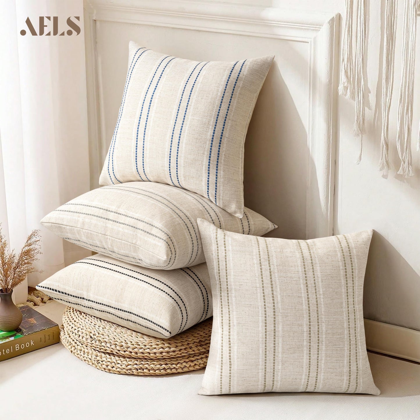 AELS 24x24 Decorative Farmhouse Linen Blend Throw Pillow Covers, Boho Textured Pillow Case, Set of 2, Beige with White & Brown Stitch Yarn Dyed Stripe Cushion Cover for Sofa Living Room (Cover ONLY)