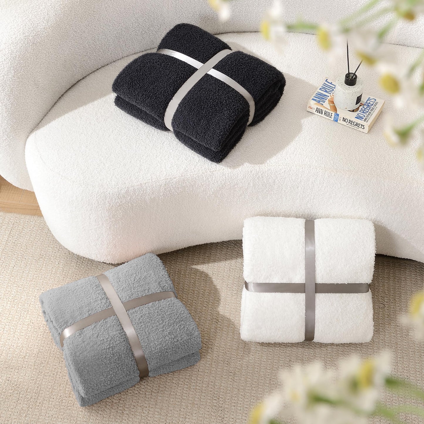 JOOJA Cream Throw Blanket for Bed, Super Soft Knit Blankets, Cozy Fleece Fuzzy Fluffy Plush Chenille Throws Blanket for Couch, Sofa, Cream, 60 x 80 inches