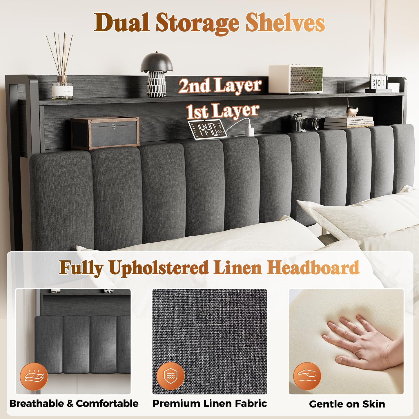 PRAISUN Bed Frame King Size with Upholstered Headboard & Charging Station, King Bed Frame with 4 Storage Drawers, 2-Tier Open Shelves, No Box Spring Needed, Slient Foam Strip, Easy Assembly, Grey