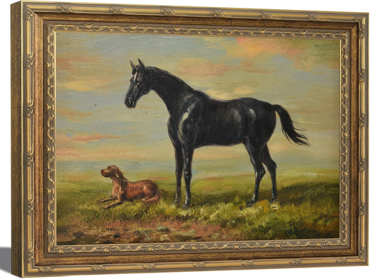 Vintage Gold Framed Black Horse and Dog Canvas Wall Art Retro Country Landscape Painting Picture Wall Decor Abstract Field Hunting Poster Print Artwork for Farmhouse Bedroom living roomHome Decoration