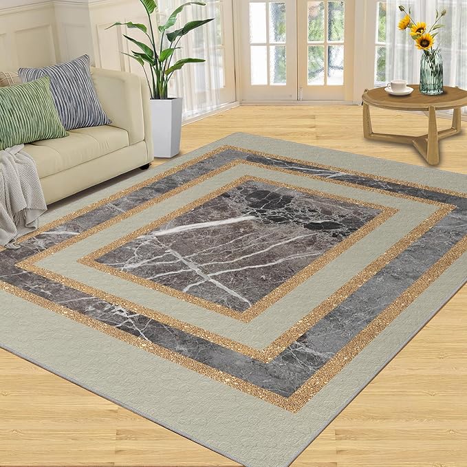 Light Luxury Marble Area Rugs Gilded Stripe Geometry Area Carpet Abstract Marble Texture Rug Stone Crack Carpet for Living Room Study Bedroom 7x9ft