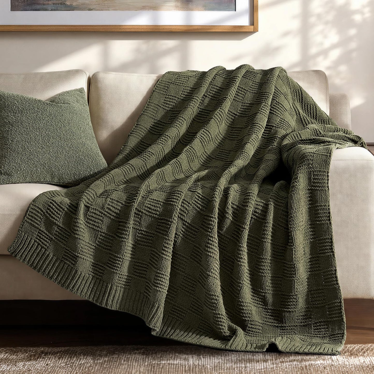 EVERGRACEHOME Modern Checkered Chenille Throw Blanket, Soft Cozy Plaid Knitted Chair Blanket for Sofa Couch, Decorative Knit Throw for Bed and Living Room, Olive Green, 50" x 60"