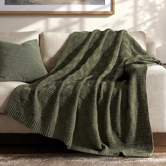 EVERGRACEHOME Modern Checkered Chenille Throw Blanket, Soft Cozy Plaid Knitted Chair Blanket for Sofa Couch, Decorative Knit Throw for Bed and Living Room, Olive Green, 50" x 60"