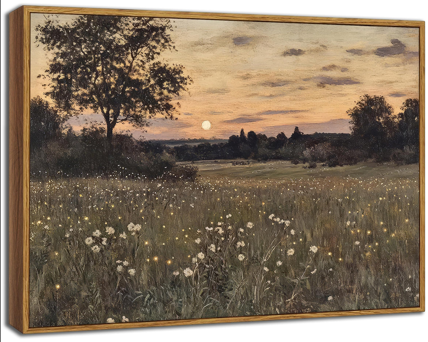 Framed Vintage Farmhouse Canvas Wall Art Rustic Wildflower Field Landscape Painting Retro Country Sunset Prints Vintage Moody Landscape Prints Artwork for Living Room Bedroom Bathroom 16x24
