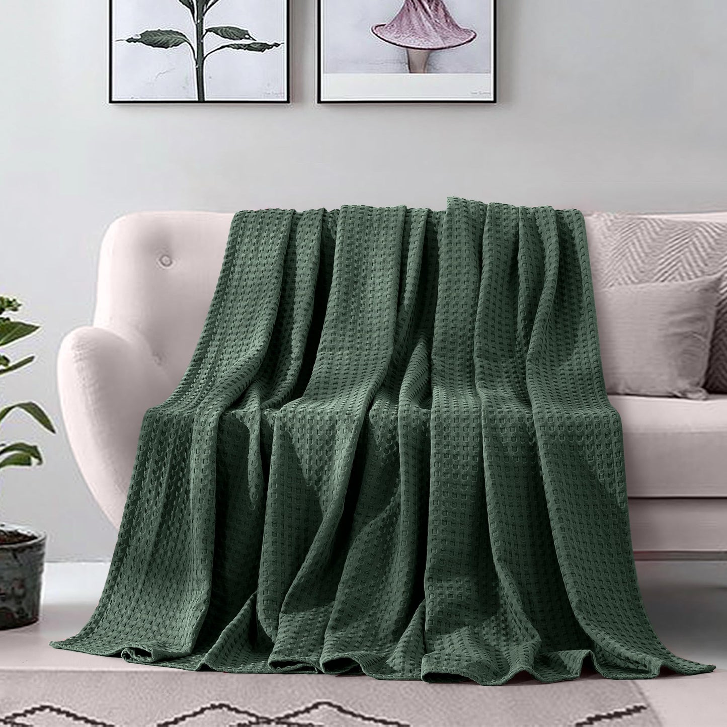 Elegant Comfort Premium 100% Cotton Waffle Blanket - Lightweight Breathable Waffle Weave Bed Blanket - Soft and Warm All Season Blanket for Couch, Sofa and Bed, King Size 90x108 Inches, Hunter Green