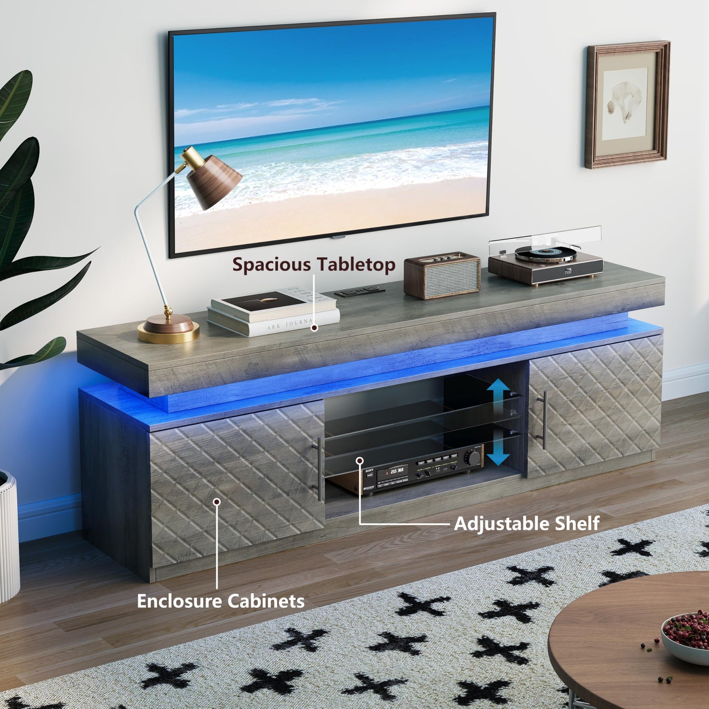 BOXACTION TV Stand for TVs Up to 65 Inch, Entertainment Center with Power Outlet, RGB LED Lights, Adjustable Glass Shelf, Storage Cabinets, Media Console Table for Living Room, Grey