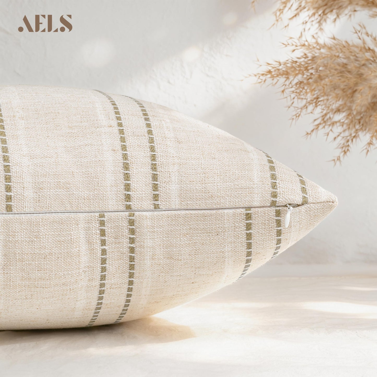 AELS 24x24 Decorative Farmhouse Linen Blend Throw Pillow Covers, Boho Textured Pillow Case, Set of 2, Beige with White & Brown Stitch Yarn Dyed Stripe Cushion Cover for Sofa Living Room (Cover ONLY)