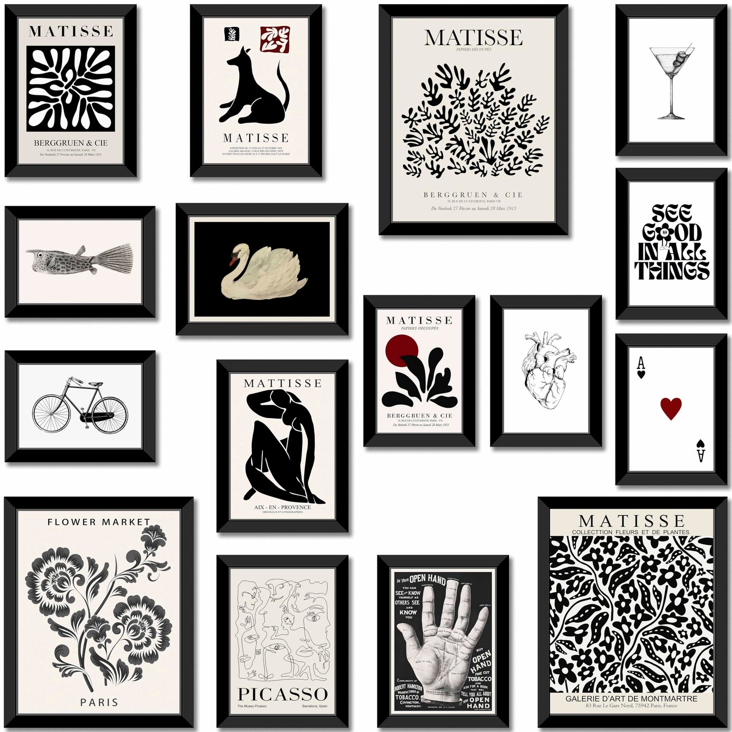 LANCHI95 16 PCS FRAMED Black and White Home Decor, Eclectic Wall Art, Minimalist Posters for Living Room Aesthetic, Matisse Abstract Gallery Wall Prints for Bedroom, Collage Kit Pictures (Black Eclectic 1)