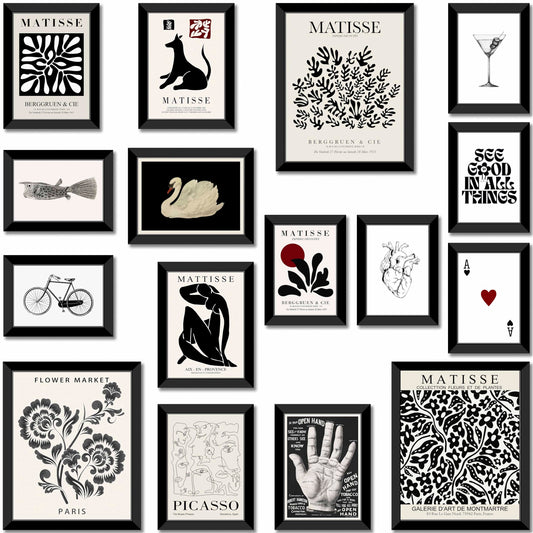 LANCHI95 16 PCS FRAMED Black and White Home Decor, Eclectic Wall Art, Minimalist Posters for Living Room Aesthetic, Matisse Abstract Gallery Wall Prints for Bedroom, Collage Kit Pictures (Black Eclectic 1)