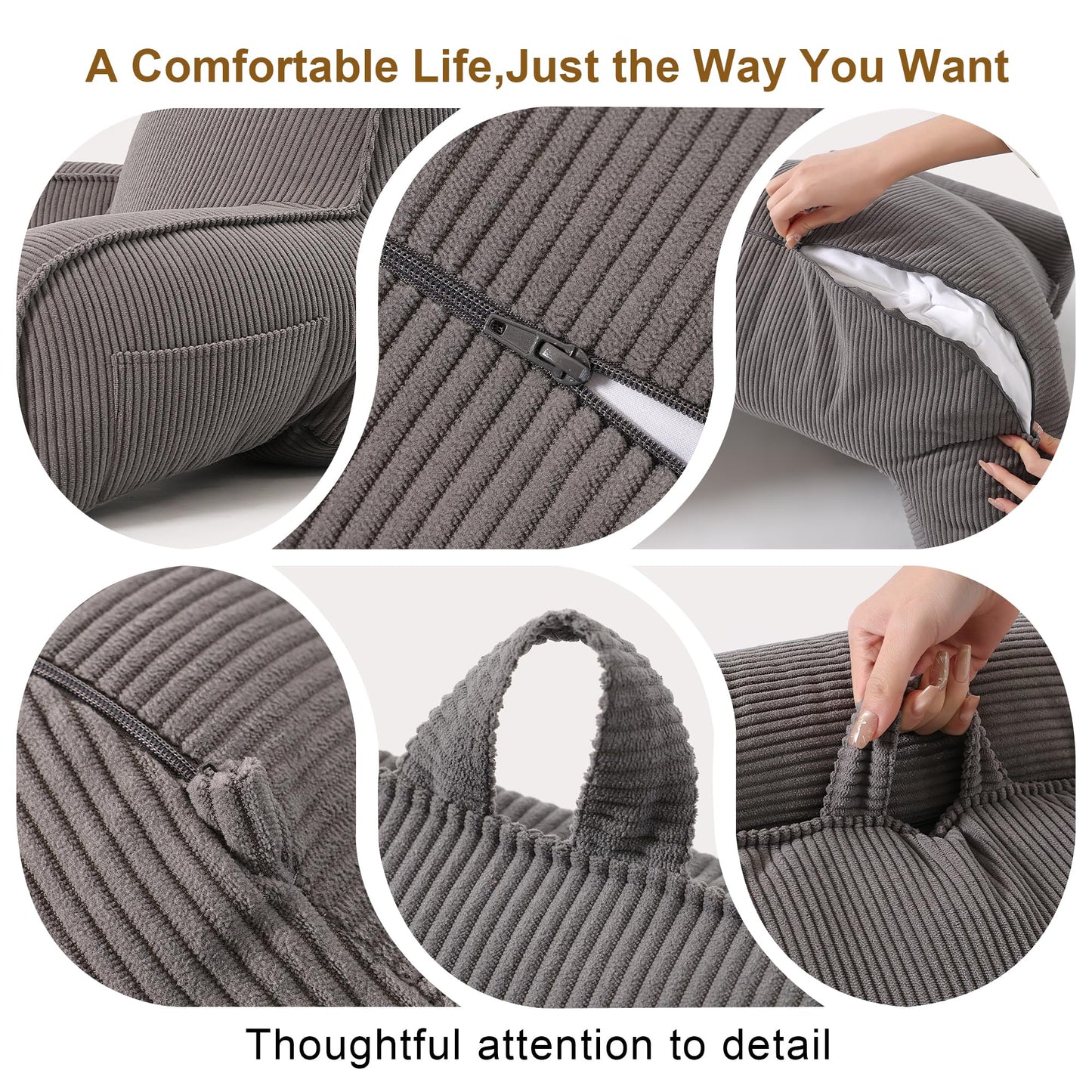 Ailuteie Reading Pillow for Sitting Up in Bed, Sofa & Floor – Corduroy Backrest Pillow with Arms, Side Pockets & Washable Cover, Bed Rest Pillow Back Support, Dark Grey