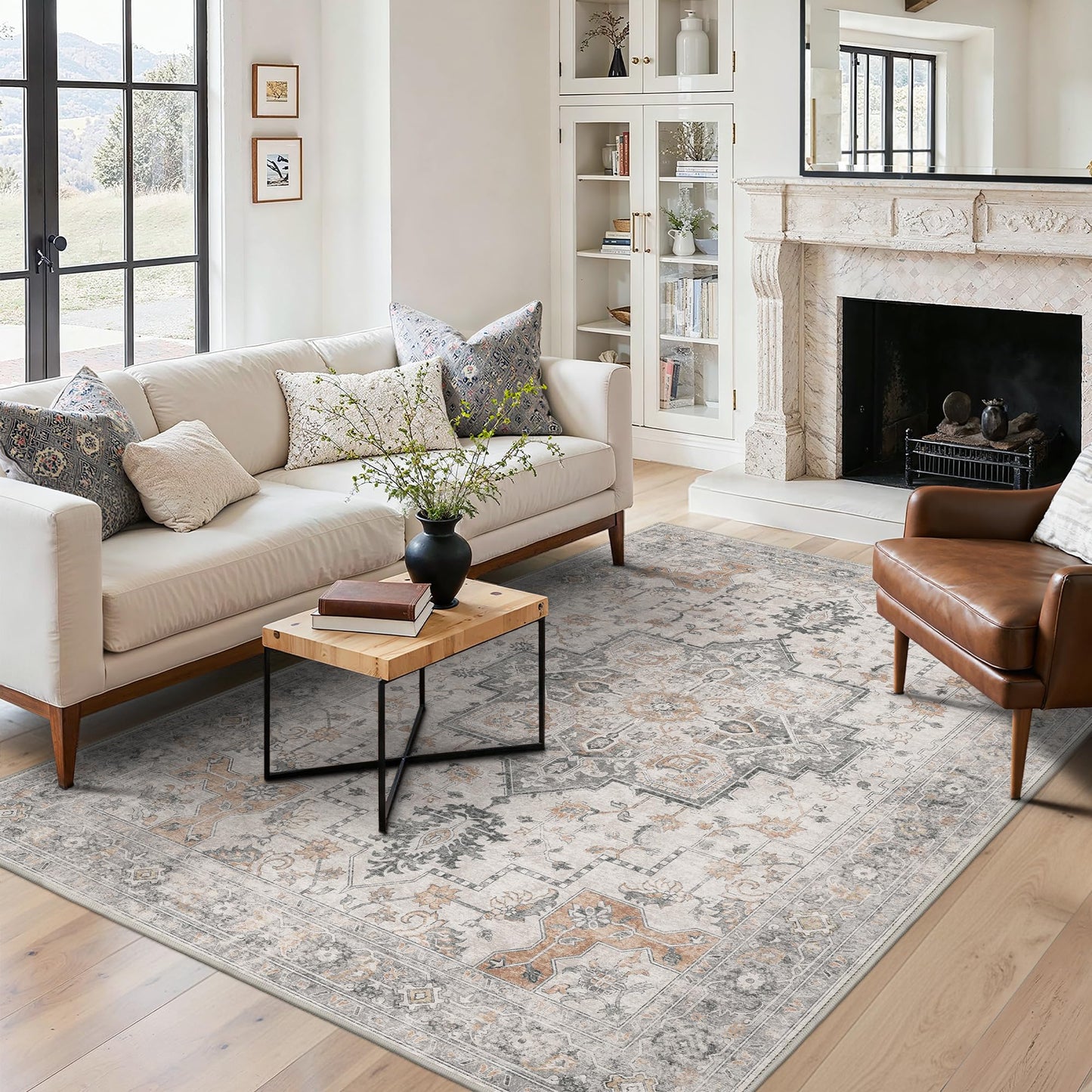 BESBLEE 5X7 Area Rugs for Living Room, Machine Washable Non Slip Vintage Rugs, Low Pile Lightweight Print Rug for Bedroom, Dining Room, Home Office, Light Taupe Brown