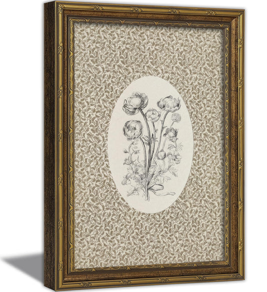 Vintage Gold Framed Floral Canvas Wall Art,Sketch Still Life Painting Picture Wall Decor,Country Farmhouse Plant Poster Print Artwork for Living Room Bedroom Dining Room Home Decoration 9x11in