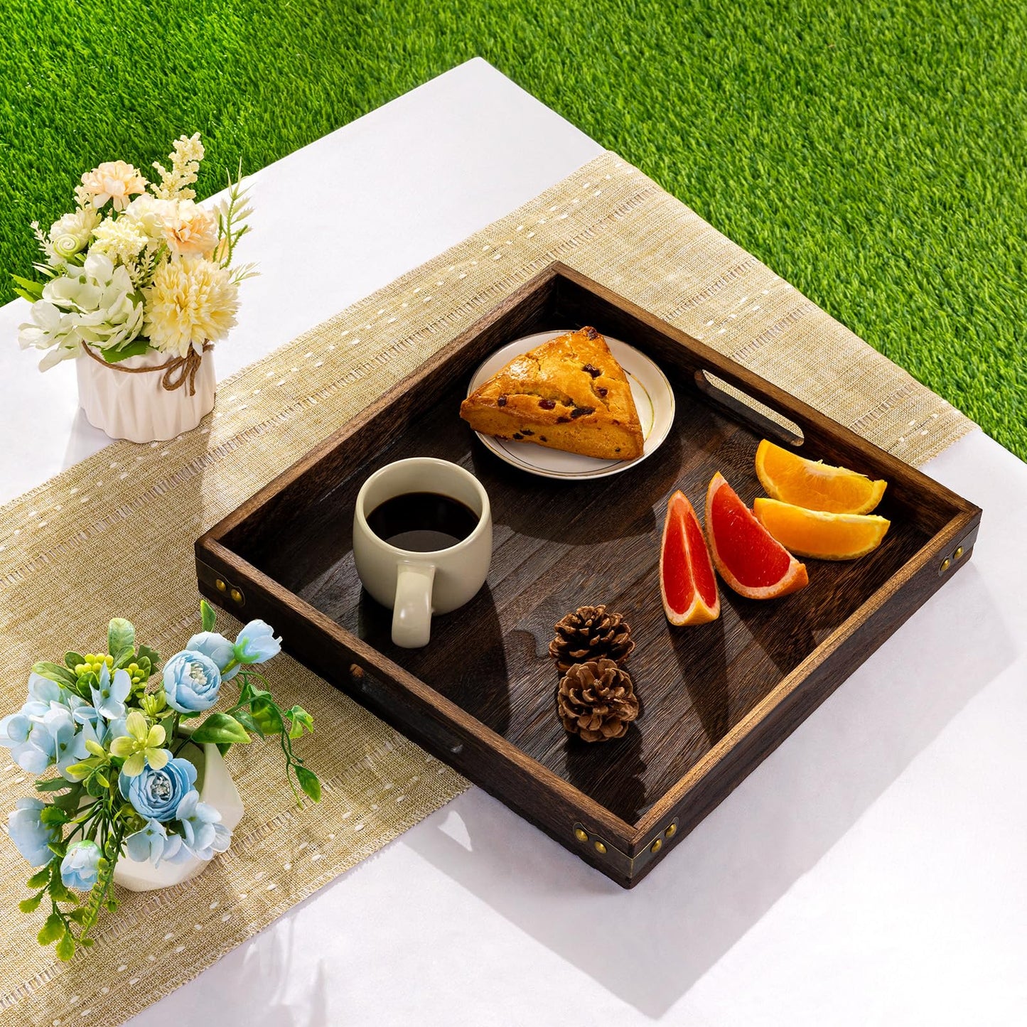 Serving Tray with Handles,12.75"*12.75"Wood Decorative Tray for Living Room,Modern Coffee Table Tray,Square Large Serving Platters for Home Decor,Ottoman,Bed,Kitchen,Bathroom, Breakfast,Bar