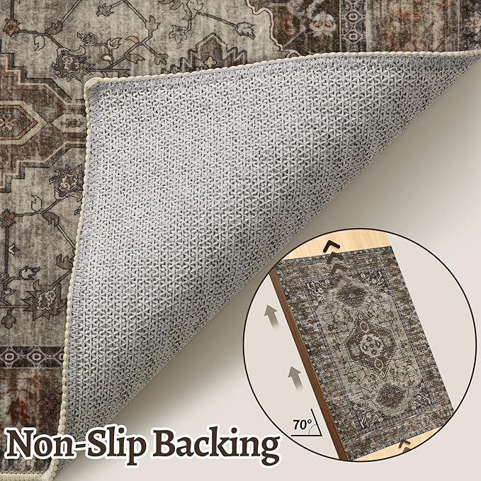 Tangsoo 2.6x10 Washable Hallway Runner Rug, Non Slip Vintage Runner Rug for Hallways, Soft Low Pile Long Rug Runner, Print Distressed Carpet Runners for Kitchen Bedroom Entryway Living Room Grey