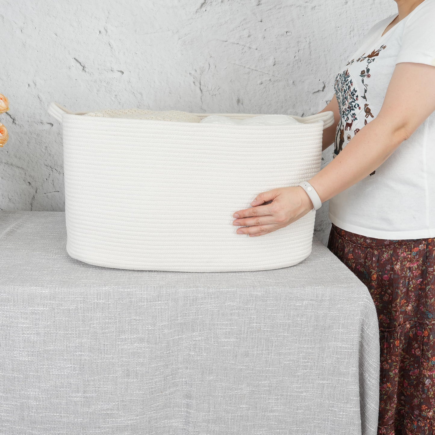 XUANGUO Large Rectangle Blankets Basket Living Room 22"x17"x12" Woven Cotton Rope Storage Baskets for Nursery Toy Baskets for Kids and Dogs Laundry Basket Bin for Clothes Towels white