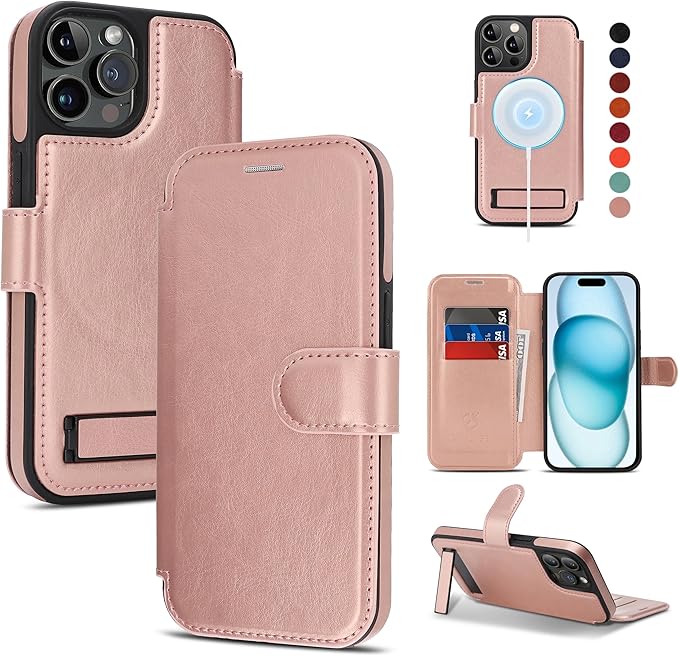 CIVICASE for iPhone 15 Pro Wallet Case with Stand,PU Leather Flip Credit Card Holder Slots (RFID Blocking),Compatible with Magsafe Magnetic Holder Phone Cover Women Men,Rose Gold