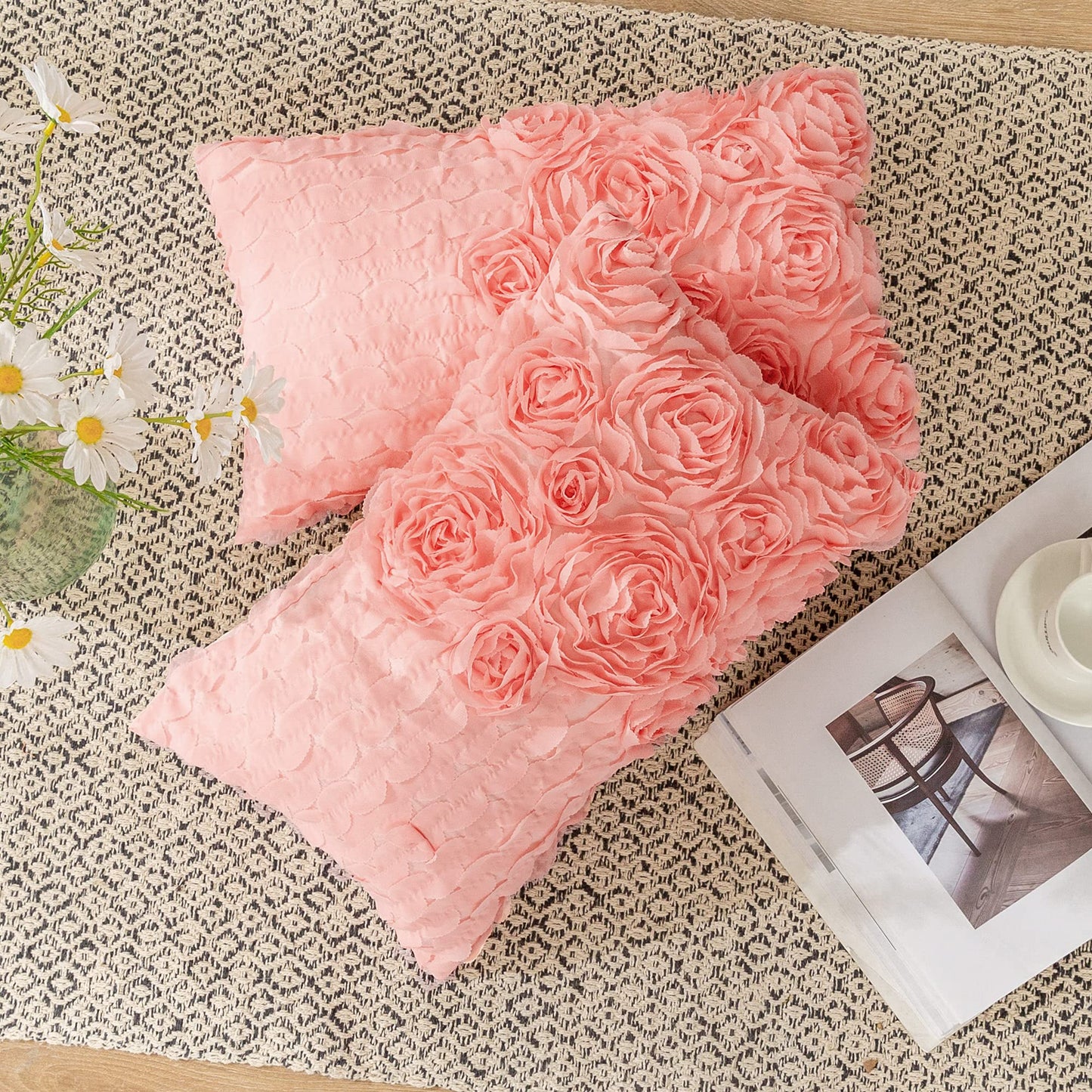 CaliTime Throw Pillow Cases Pack of 2 Solid 3D Stereo Chiffon Wave Rose Flower Decorative Cushion Covers Shells for Couch Sofa Bedroom 12 X 20 Inches Pink