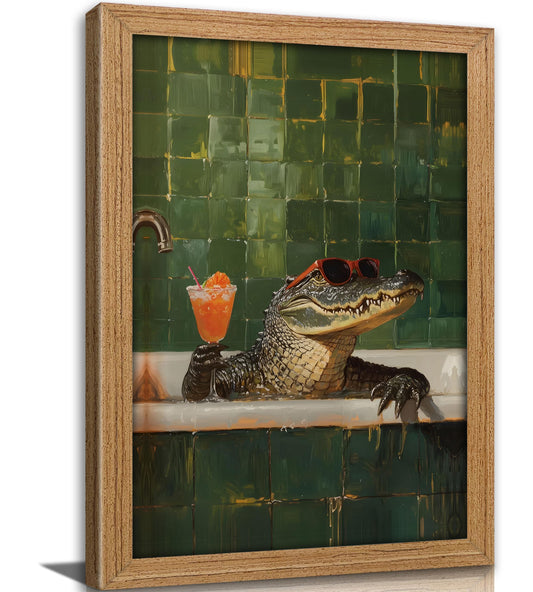 Funny Crocodile Bathroom Wall Art Framed Chillin Crocodile with Cocktail Wall Decor Funny bathtub Animal Painting Picture Cool Alligator Bath Time Prints Artwork for Bathroom Bar Home Decor