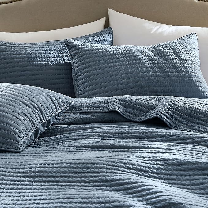 WDCOZY 100% Cotton Oversized King Size Quilt Set - Dusty Blue California Cal King Striped Pick Stitch Soft Lightweight Bedspread, Textured Like Linen, Farmhouse Country Rustic Coverlet, 3 Pieces