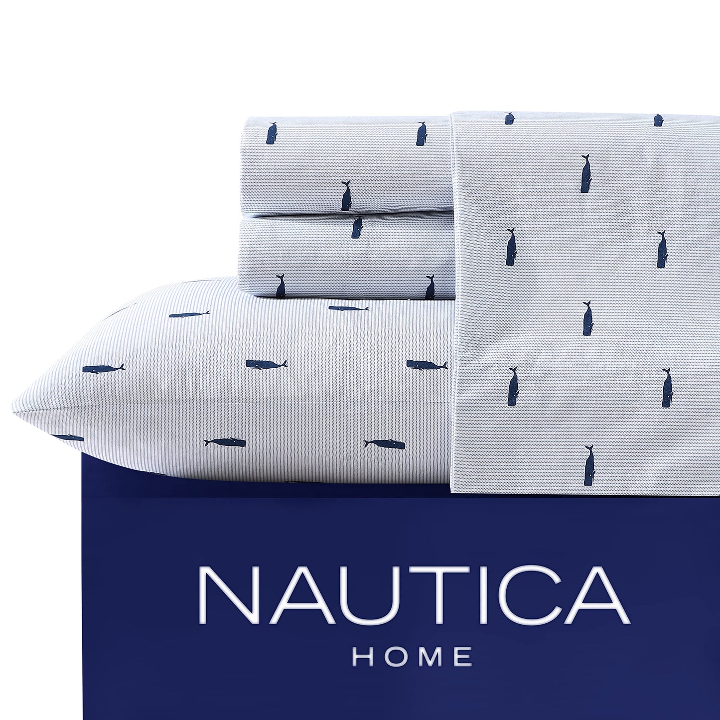 Nautica - Queen Size Sheet Set, Crisp Cotton Percale Bedding with Matching Pillowcases, Fully Elastic Fitted Sheet, Deep Pocket, Nautical Room Decor, Breathable All-Season Comfort (Whale Stripe Blue)