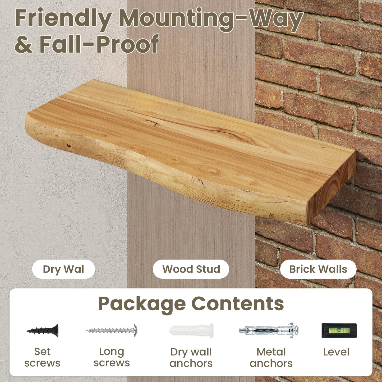 Fun Memories Solid Elm Wood Live Edge Floating Shelves for Wall, 30 x 8 Inch Rustic Wall Shelves Set of 2 with Invisible Brackets for Living Room Bedroom Kitchen, Natural