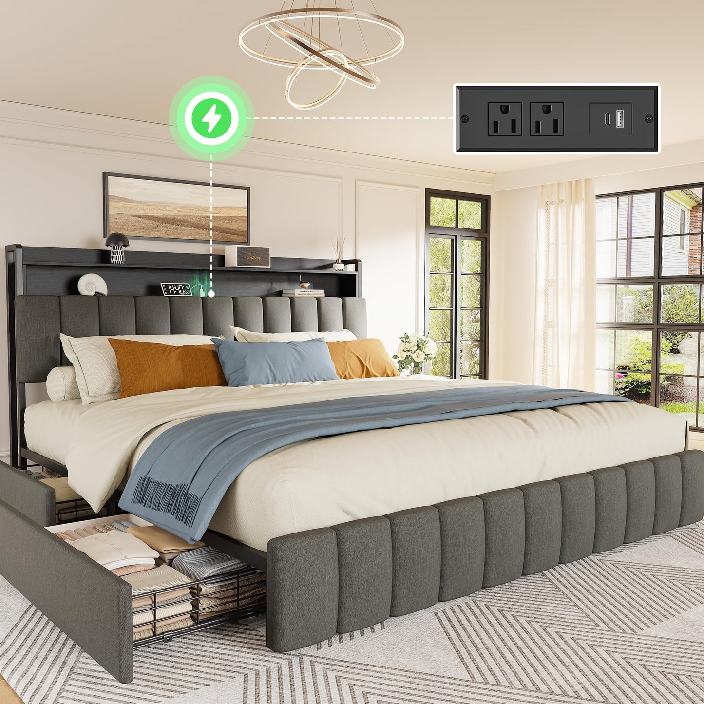 PRAISUN Bed Frame King Size with Upholstered Headboard & Charging Station, King Bed Frame with 4 Storage Drawers, 2-Tier Open Shelves, No Box Spring Needed, Slient Foam Strip, Easy Assembly, Grey