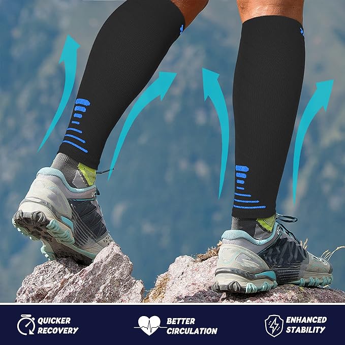 Thoxcare Calf Compression Sleeve for Men Women (1 Pair), Leg Support Footless Compression Socks for Running - Shin Splint Varicose Veins Swelling & Pain Relief, Black/Blue, Large