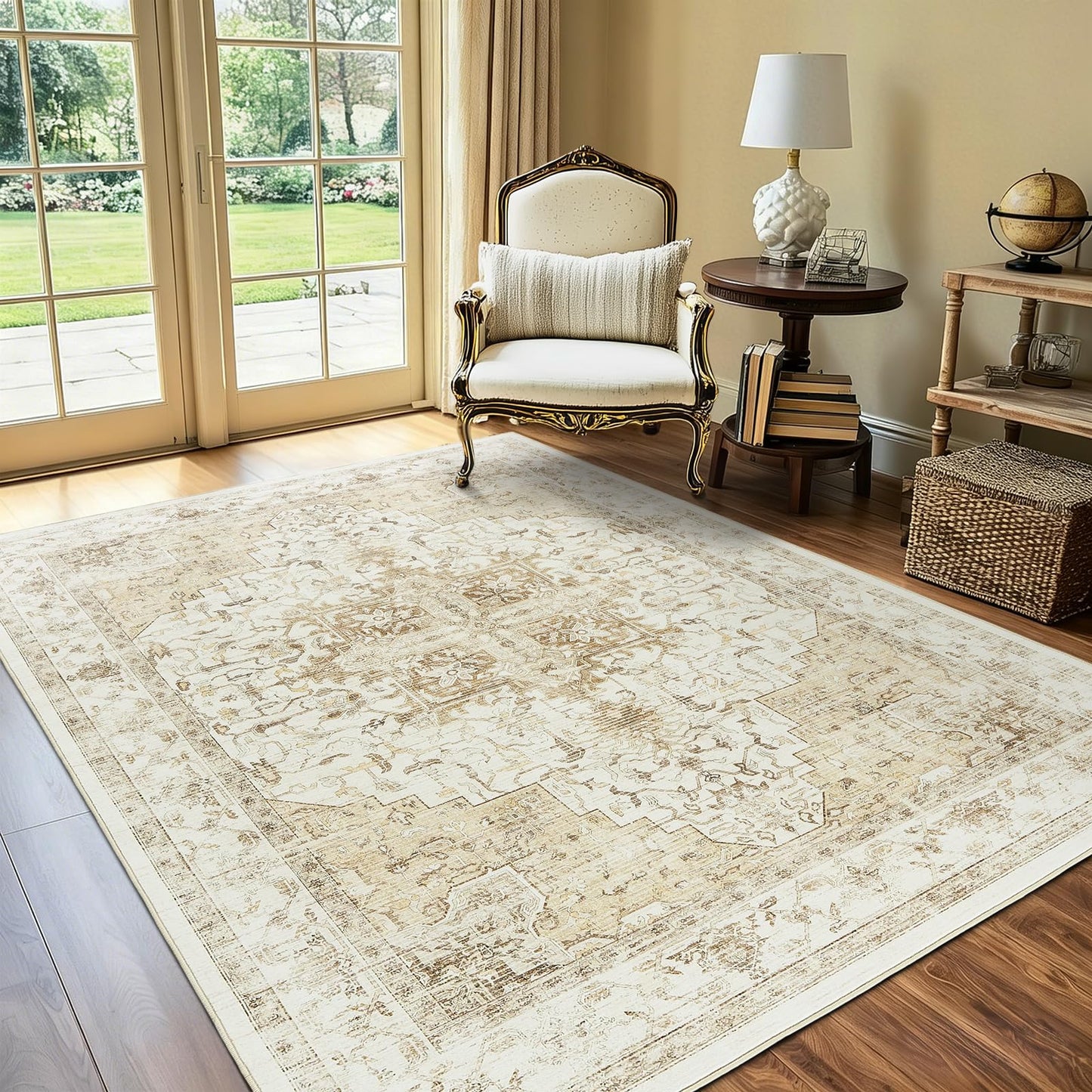 5x7 Area Rug, Vintage Distressed Medallion Pattern Beige Rug, Non-Slip Low-Pile Soft Carpet for Living Room, Bedroom, Kitchen, Home Office, Foldable & Machine Washable Rugs