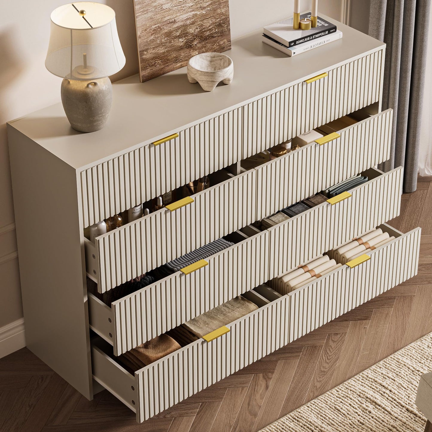 MAISONARIA 3-Piece Dresser Bedroom Set, 8 Drawer Dresser & 3 Drawer Nightstands with Gold Handles, Fluted Wood Chest of Drawers for Bedroom, Living Room, Entryway, Beige