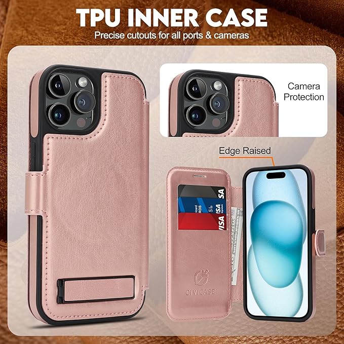 CIVICASE for iPhone 15 Pro Max Wallet Case with Stand,PU Leather Flip Credit Card Holder Slots (RFID Blocking),Compatible with Magsafe Magnetic Holder Phone Cover Women Men,Rose Gold